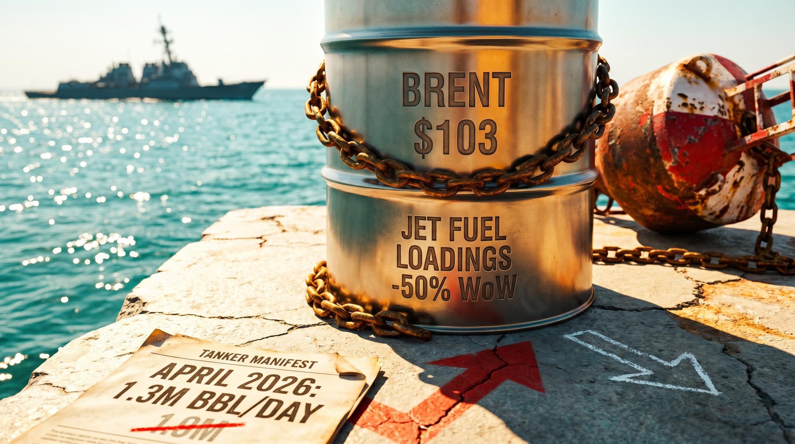 Steel oil barrel etched with "BRENT $103" on Hormuz dock as Iran conflict drives jet fuel loadings down 50%