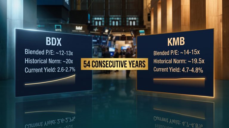 BDX and KMB valuation panels showing 54-year dividend streak and P/E compression below historical norms