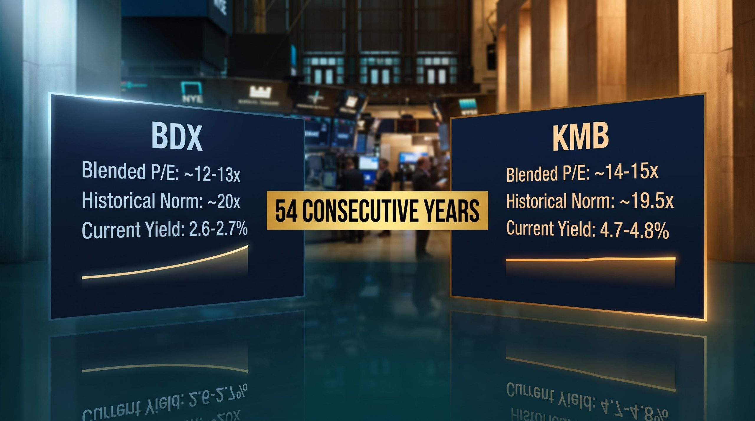 BDX and KMB valuation panels showing 54-year dividend streak and P/E compression below historical norms