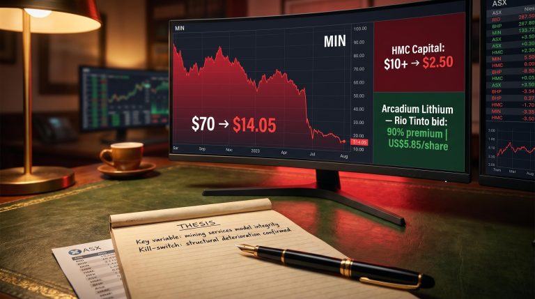 ASX trading screen showing MIN $70–$14.05 collapse chart with conviction investing thesis notebook and HMC data overlay