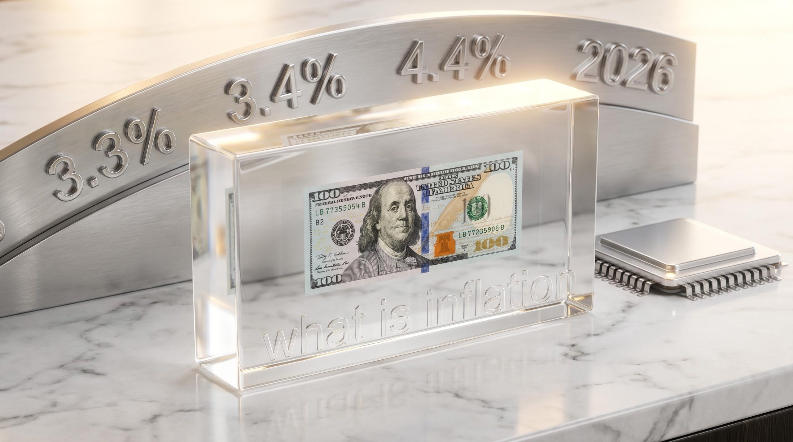 Clear acrylic block holding a $100 note with what is inflation etched on the front, alongside 2026 data showing 4.4%.