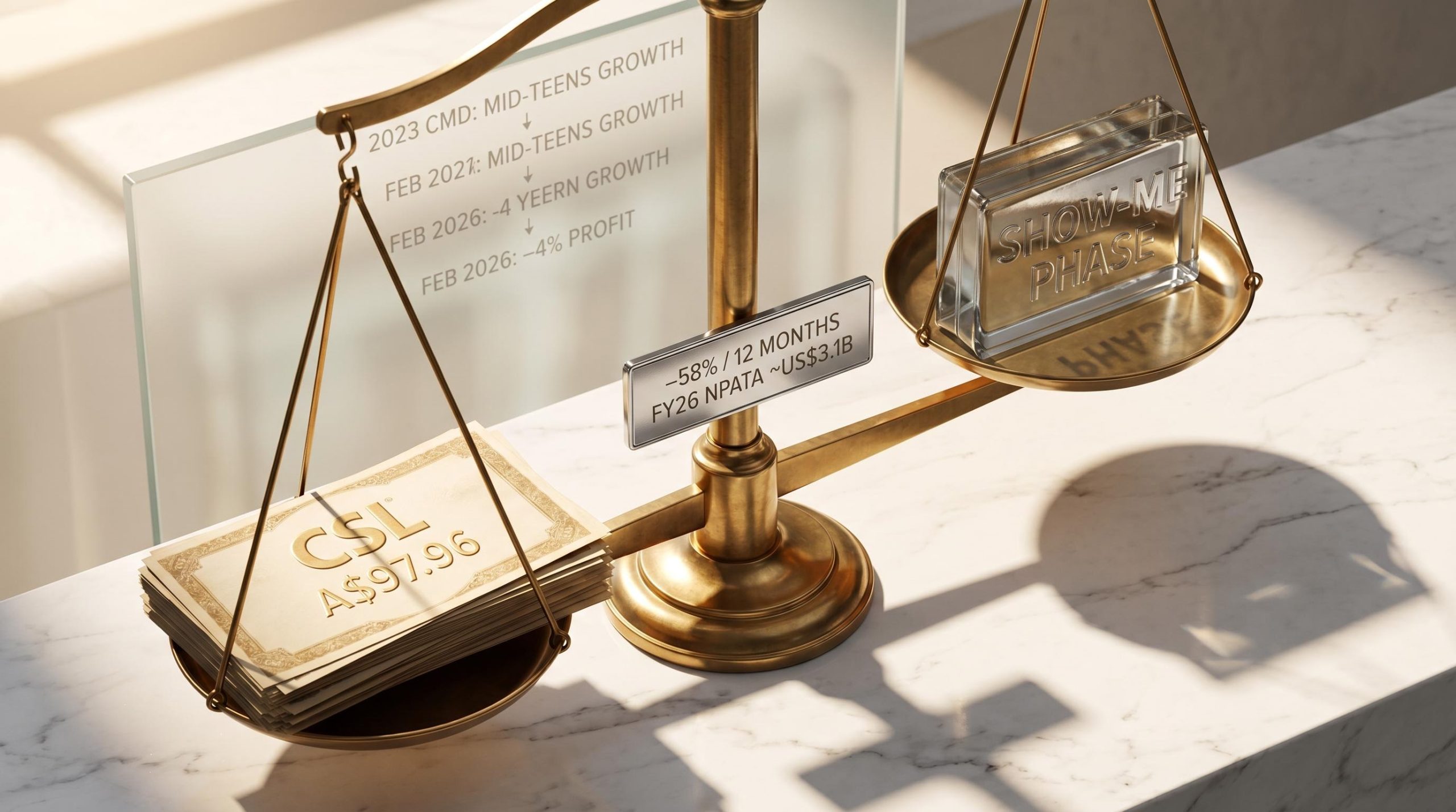 CSL stock analysis: brass balance scale weighing A$97.96 shares against a 58% decline and FY26 guidance cuts