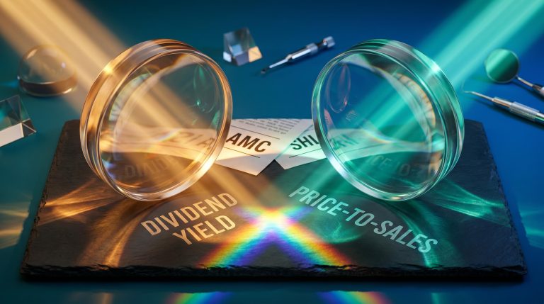 Two glass lenses refracting amber and green light onto ASX tickers AMC and SHL, illustrating stock valuation methods