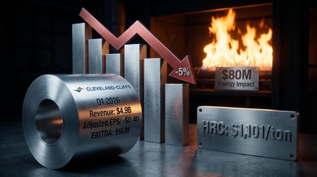 Cleveland-Cliffs steel coil with Q1 revenue and earnings data etched in metal, red downward arrow showing 5% stock drop