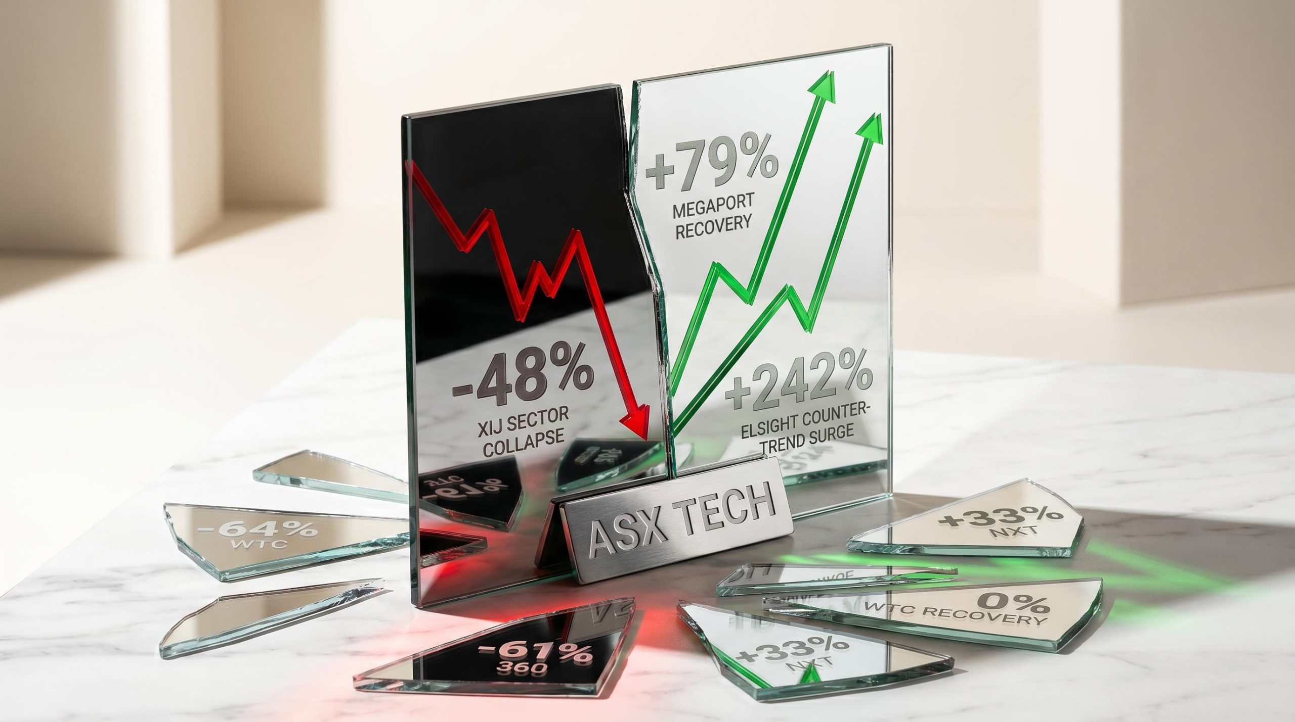 Fractured mirror showing ASX tech stock returns -48% sector drop vs 79% Megaport and 242% Elsight recovery
