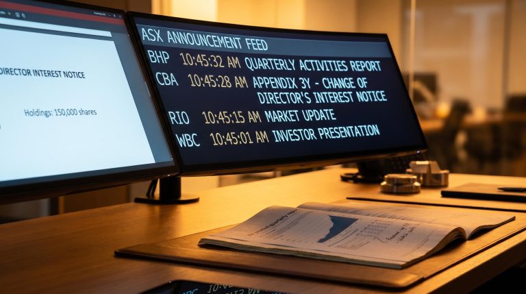 ASX announcement feed terminal screen with director notice filing — small cap stock research primary source workflow
