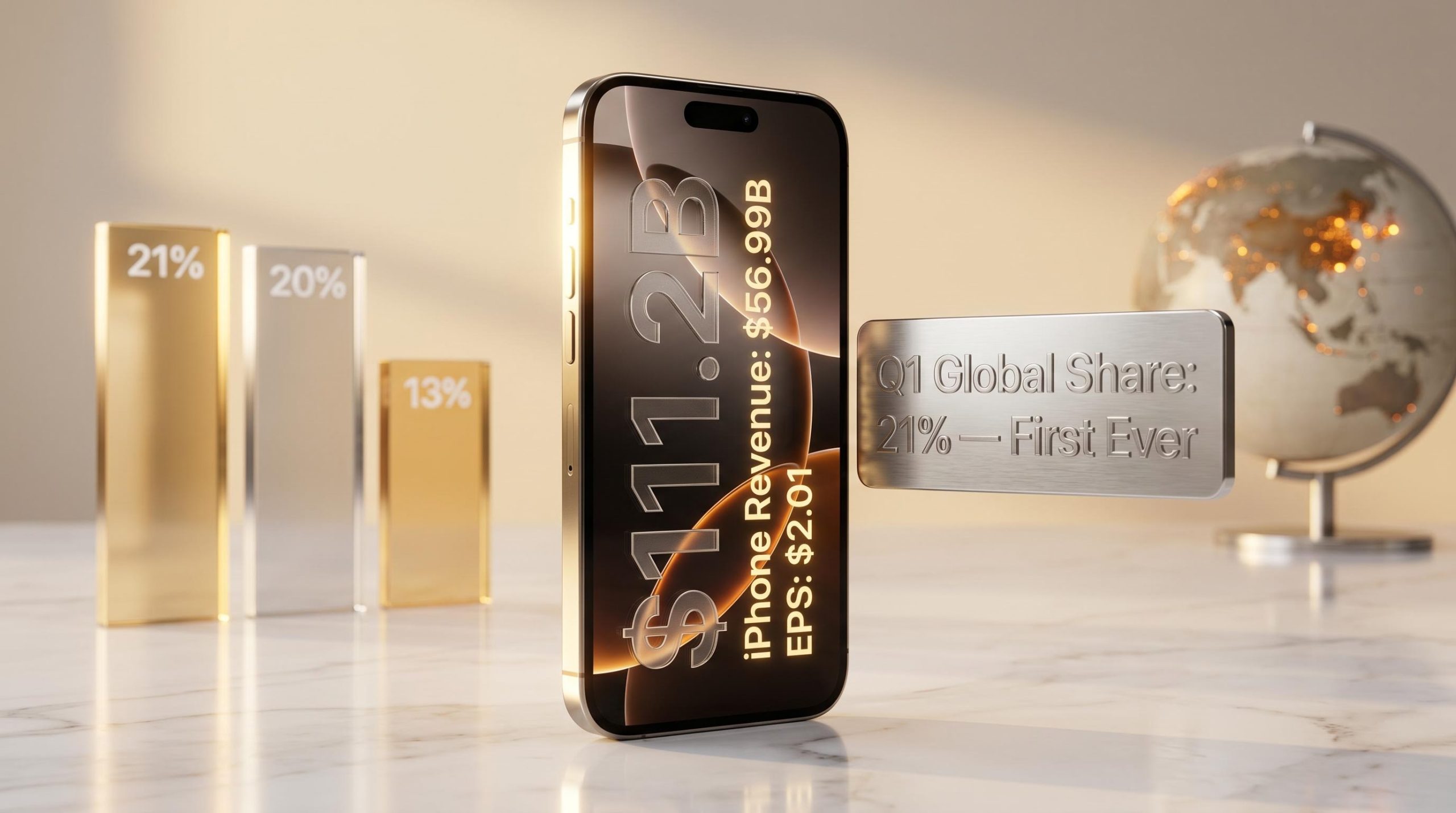 Apple iPhone 17 Pro with $111.2B revenue and 21% Q1 global smartphone share displayed on glowing screen