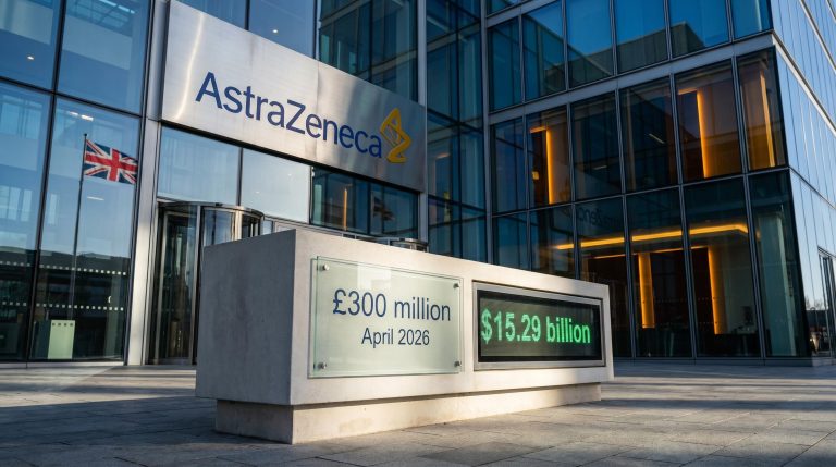 AstraZeneca UK investment context shown by a £300 million architectural plaque and $15.29 billion global revenue display.