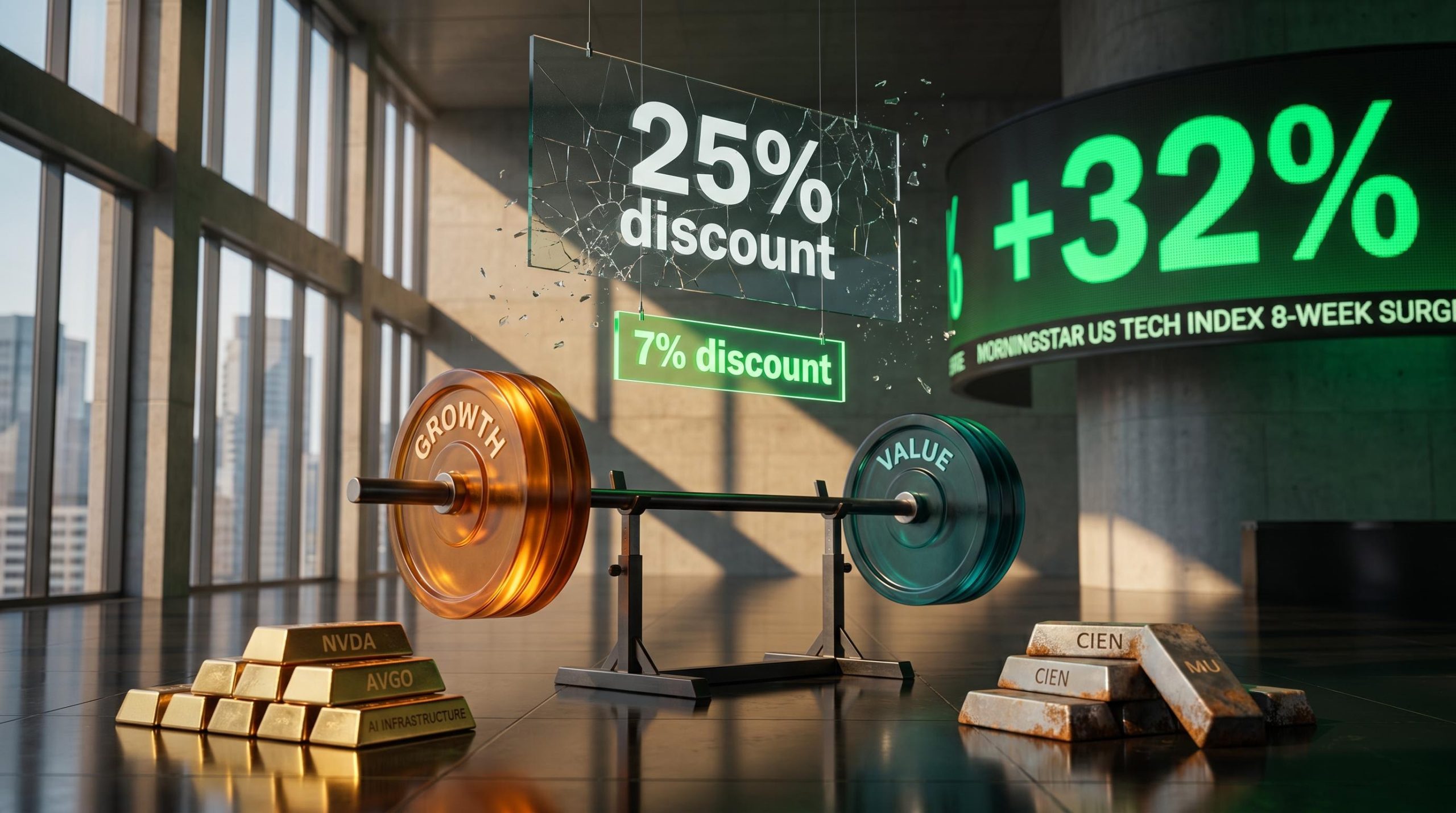 Morningstar growth-value barbell rebalance call as tech discount compresses from 25% to 7% in US stock market outlook