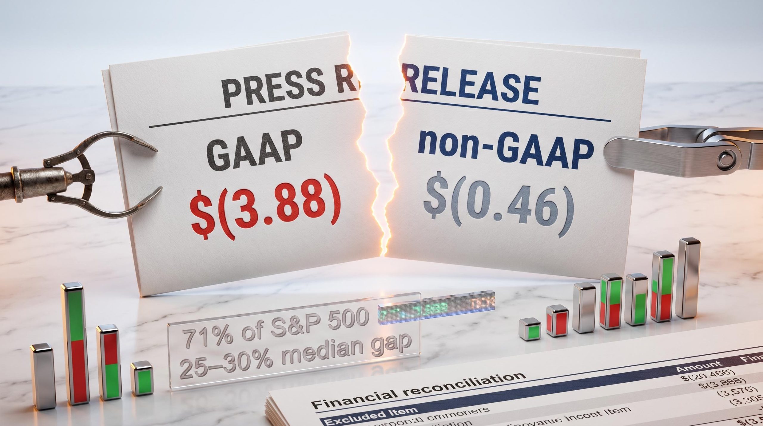Torn earnings press release showing GAAP "$(3.88)" vs non-GAAP "$(0.46)" with 71% S
