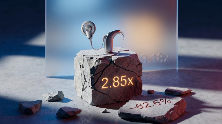 Cochlear implant on fractured stone pedestal engraved "2.85x" as COH share price falls 62.6%