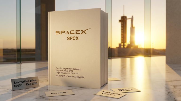 SpaceX IPO S-1 prospectus document with SPCX ticker and $1.75T–$2T valuation target on marble surface