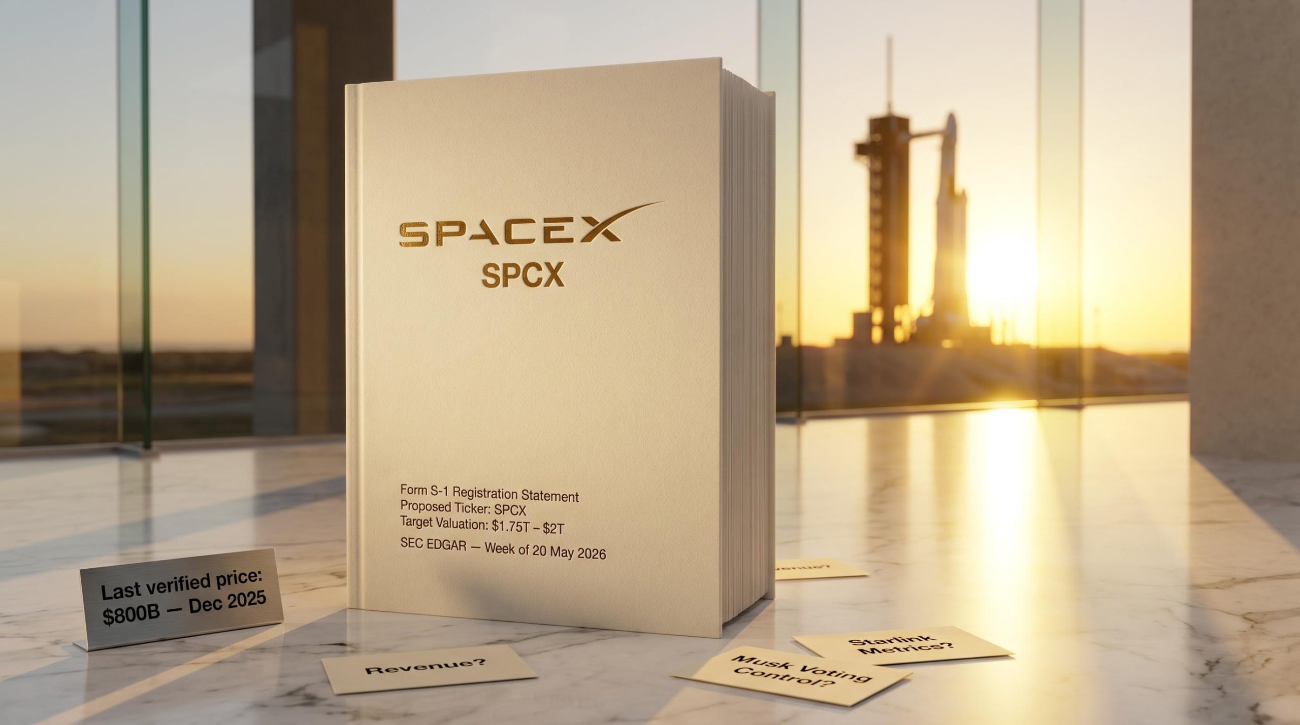 SpaceX IPO S-1 prospectus document with SPCX ticker and $1.75T–$2T valuation target on marble surface