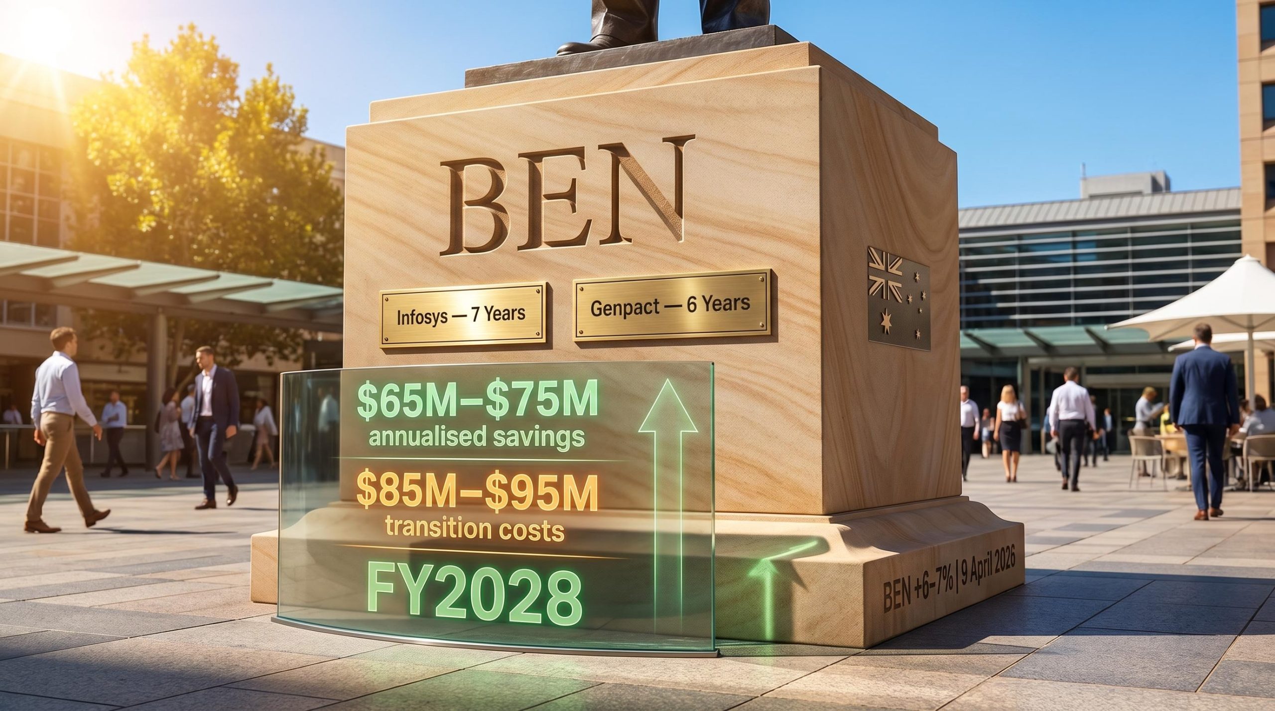 Bendigo and Adelaide Bank BEN outsourcing plinth showing $65M–$75M savings target and FY2028 deadline with Infosys and Genpact deals