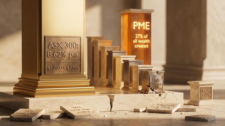 ASX 300 index column towering over individual stock pillars showing only 36% beat 8.62% annual return over 15 years