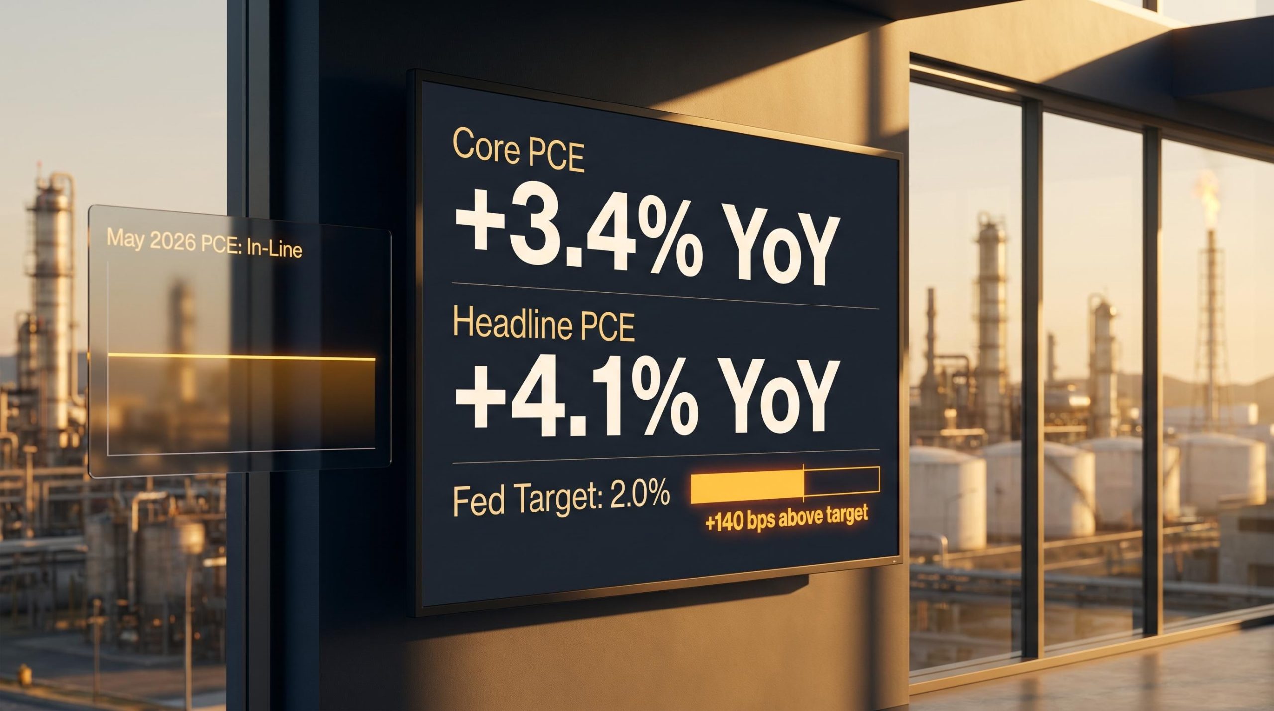 BEA PCE inflation data screen showing core PCE at 3.4% and headline at 4.1% with Fed's 2% target gap