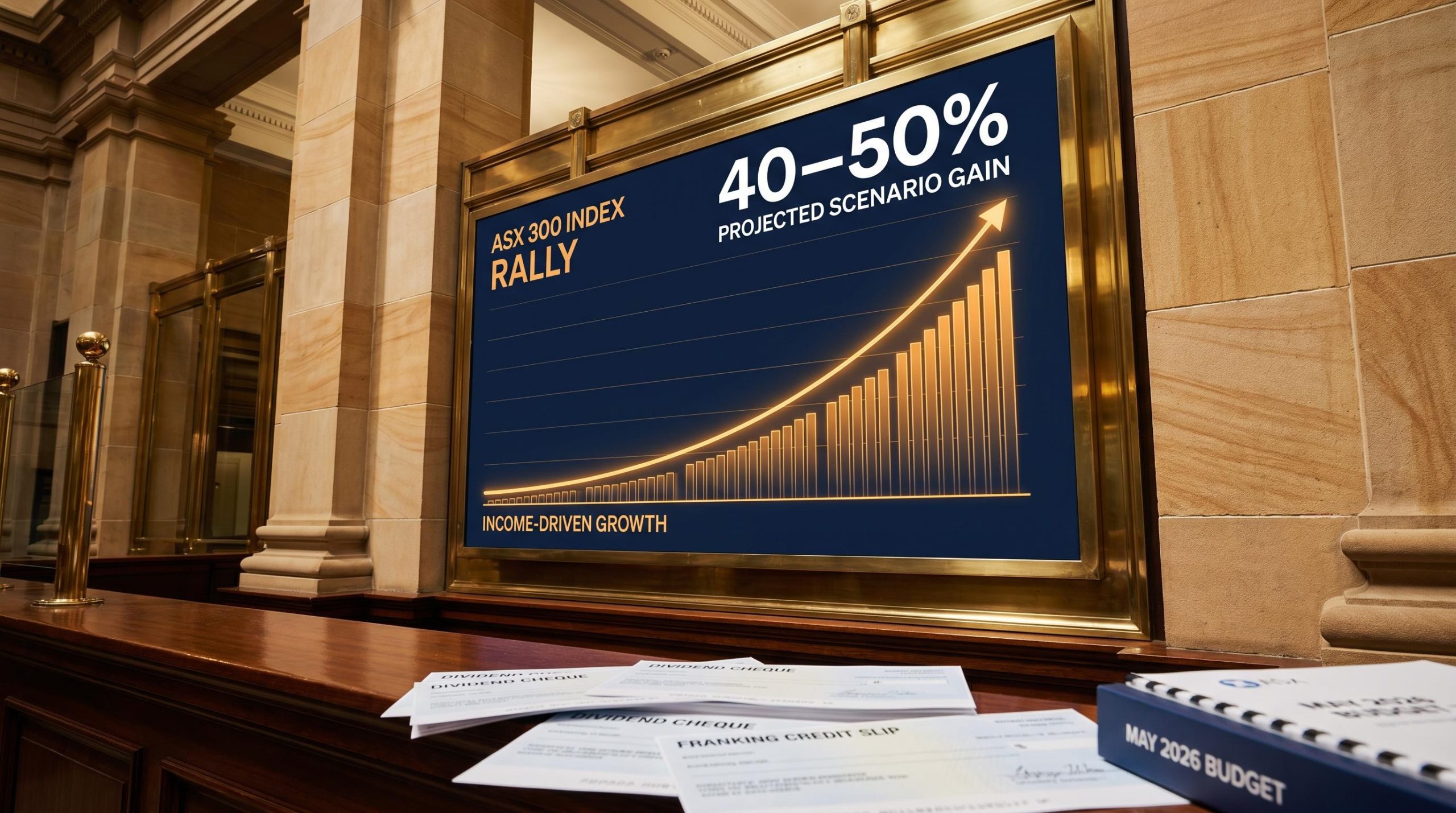 ASX 300 display board showing surging chart tied to Australian capital gains tax reform mechanics and franking dividend shift