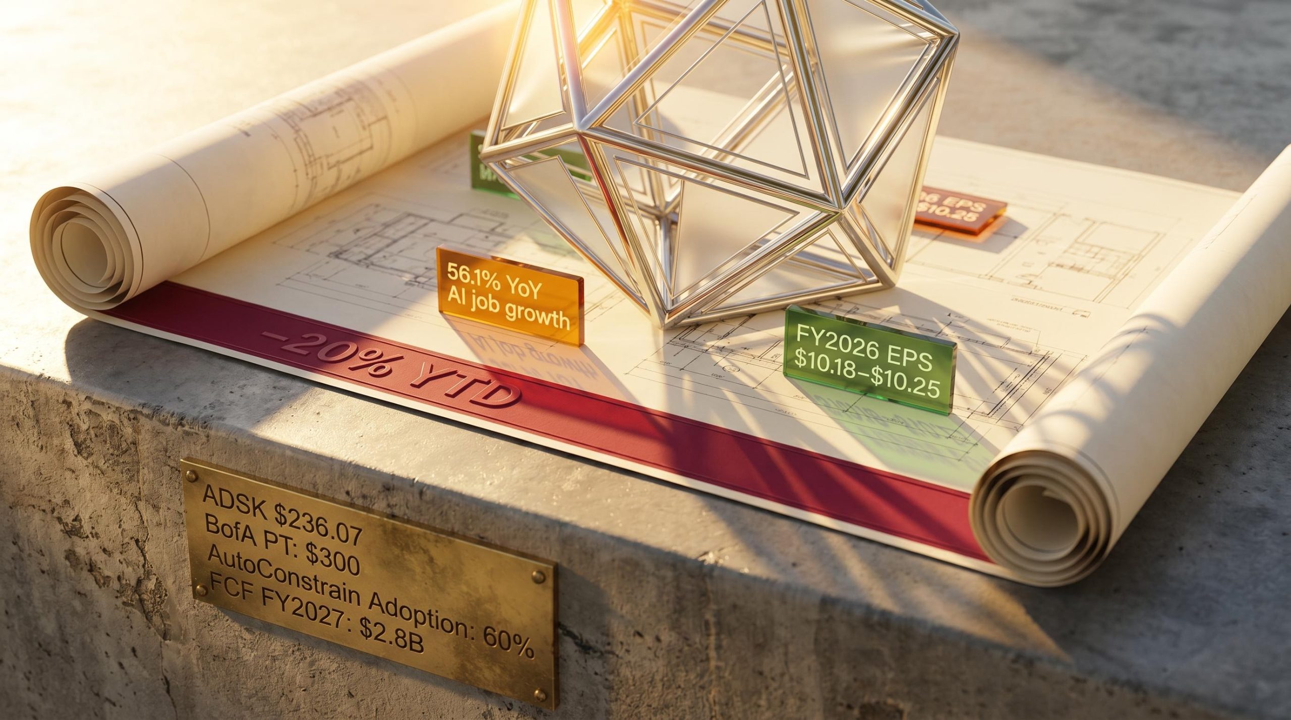 Autodesk stock analysis: BofA $300 price target and FCF $2.8B data etched on brass plaque beside 3D CAD wireframe