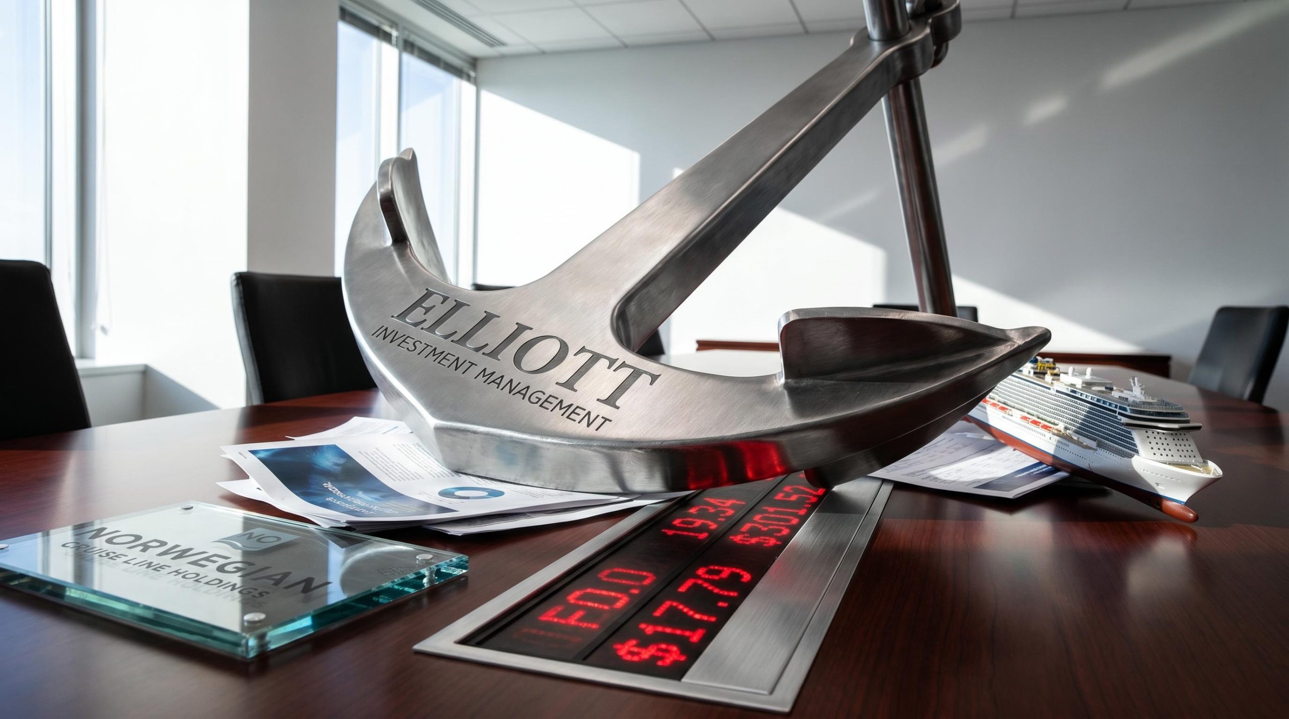 Brushed steel anchor crushing financial documents in a Norwegian Cruise Line activist investor boardroom takeover scene.