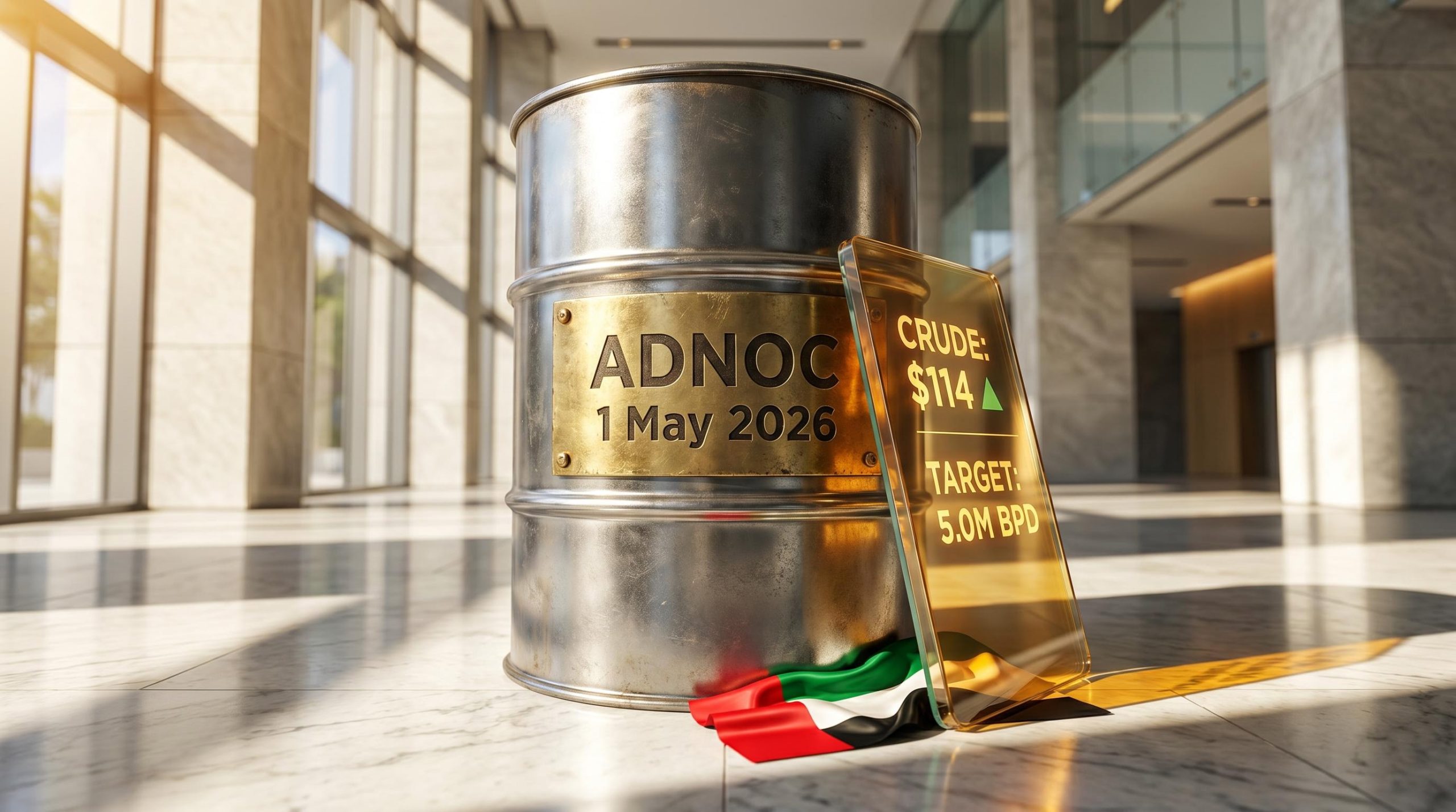 Gleaming oil barrel with ADNOC plaque and 1 May 2026 departure date as UAE leaves OPEC, driving crude prices to $114.