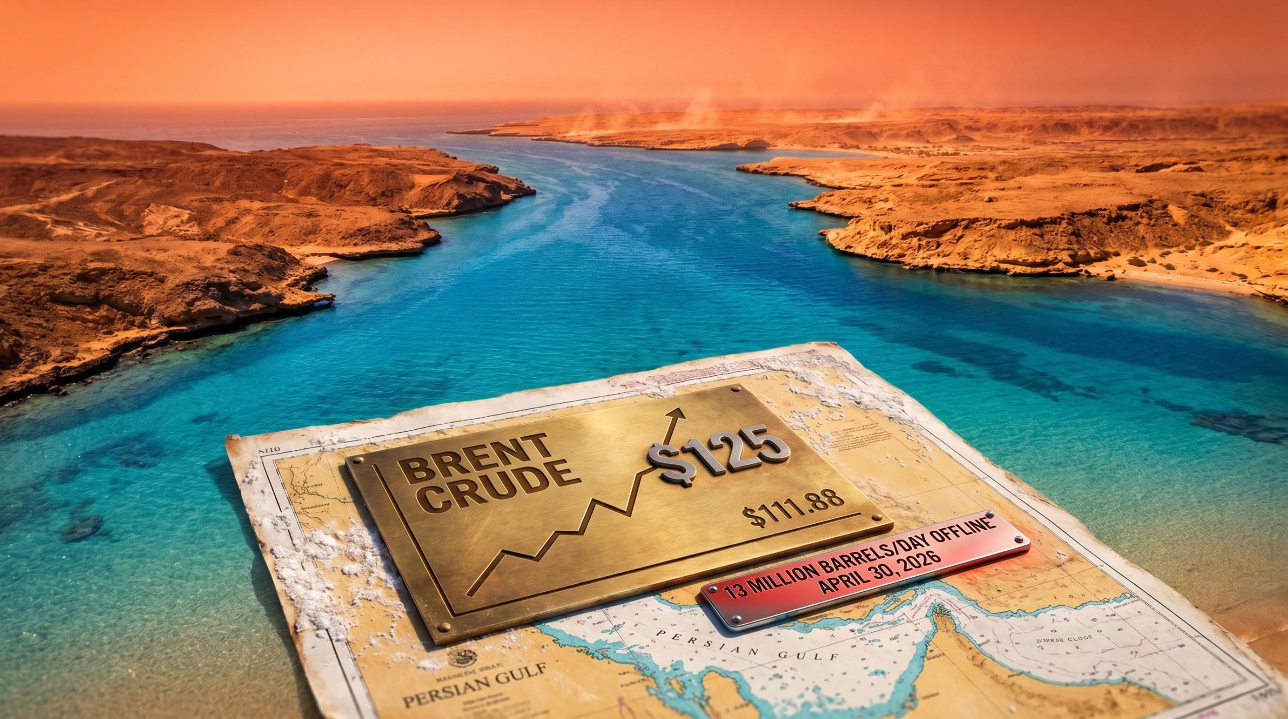 Empty Strait of Hormuz with Brent crude oil price spike to $125 and 13 million barrels per day offline