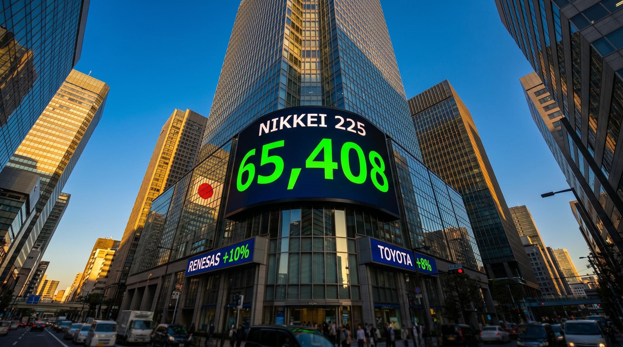 Nikkei 225 record high 65,408 blazing on Tokyo skyscraper LED board as semiconductor stocks surge 10%