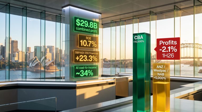 ASX Big Four bank data panels showing 23.3% financials return and $29.8B profit against Sydney skyline