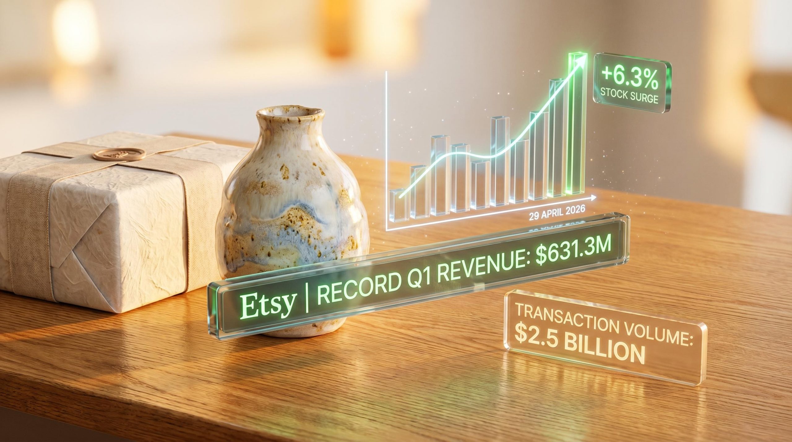 Handcrafted goods alongside glowing upward 3D charts displaying $631.3M revenue from the Q1 2026 Etsy earnings report.