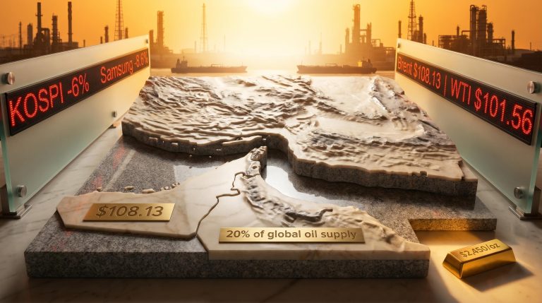 Hormuz Strait stone relief map with Brent crude at $108.13 and KOSPI decline tickers — geopolitical risk analysis