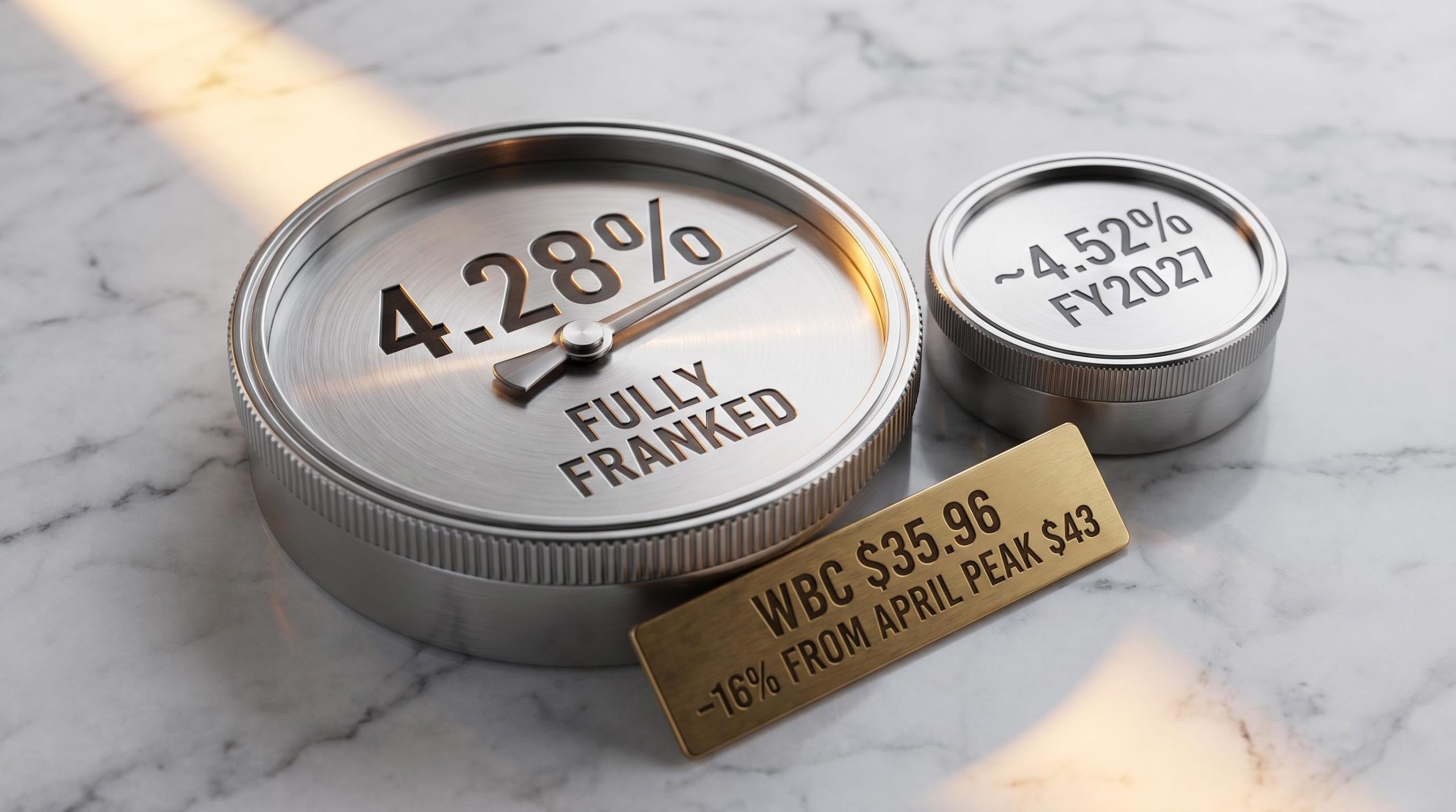 Precision gauge showing Westpac dividend yield of 4.28% fully franked against a marble surface, WBC at $35.96