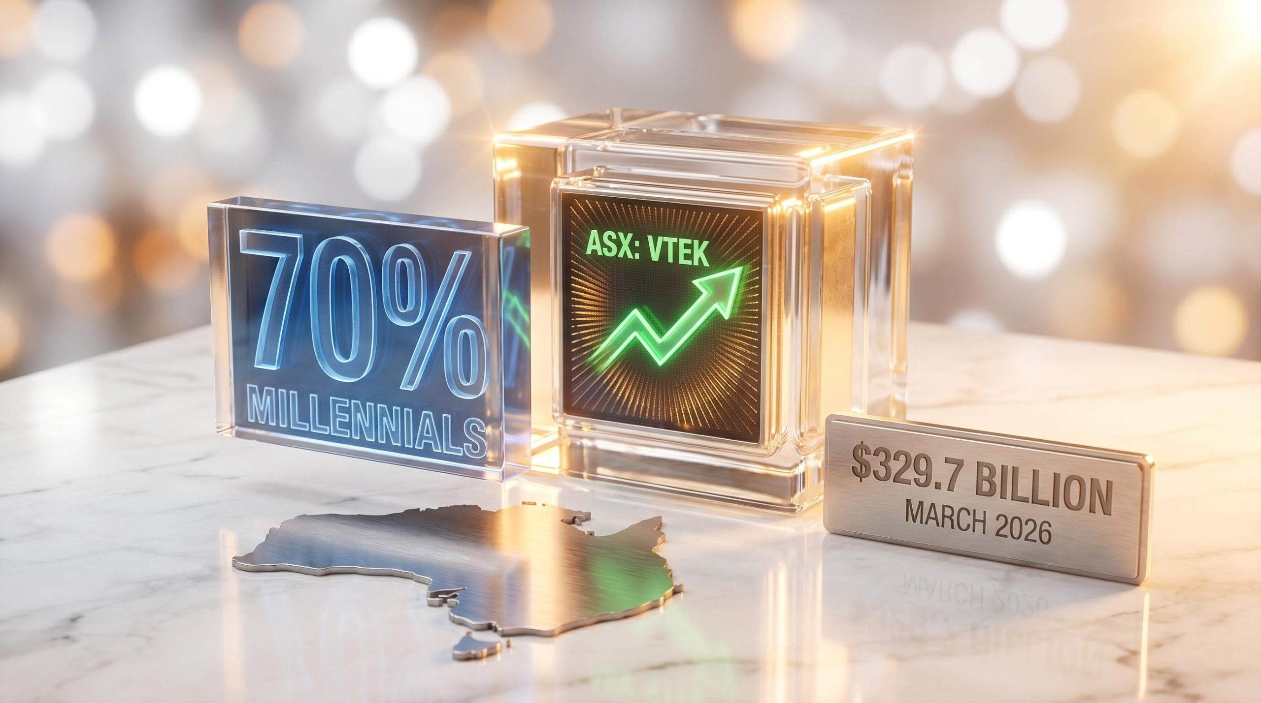 3D financial display showing $329.7 billion and a 70% Millennial allocation, illustrating generational investing trends.
