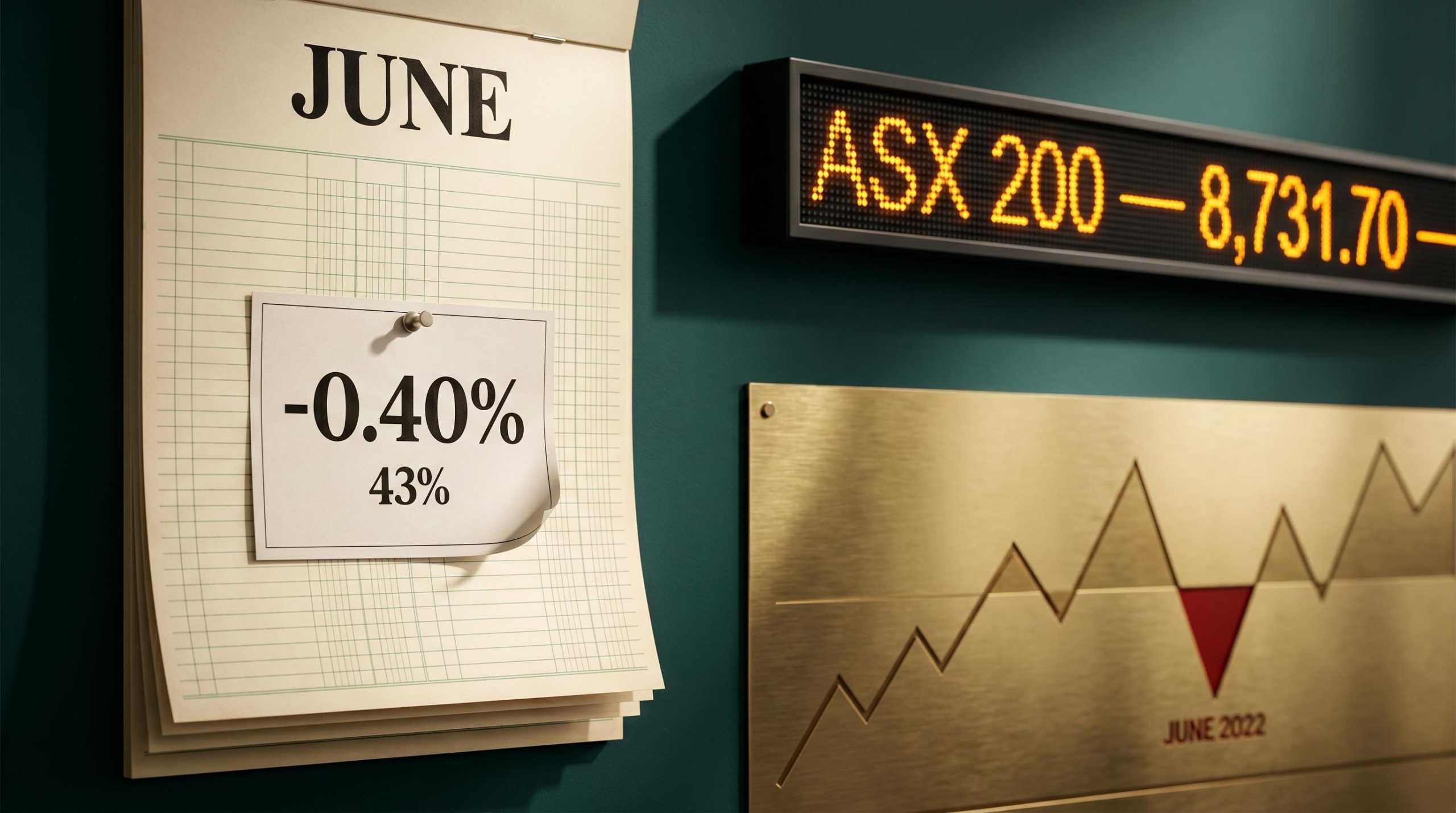 ASX 200 June forecast: calendar page with -0.40% hit rate data beside 8,731.70 ticker board