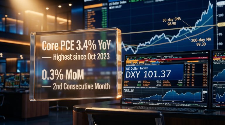 DXY at 101.37 above 100 threshold with core PCE 3.4% YoY panel — Fed policy US dollar analysis