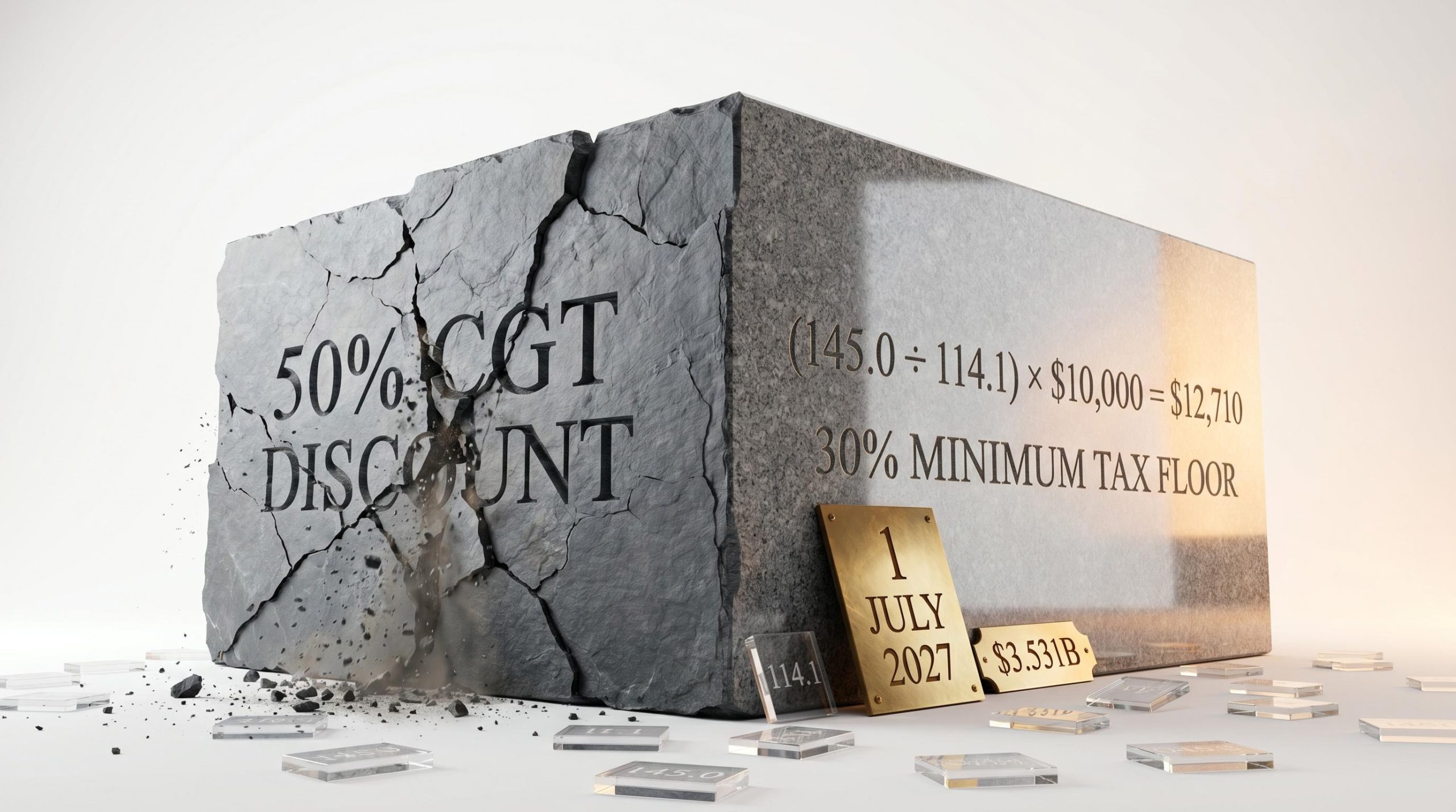 Split stone slab showing Australia's 50% CGT discount crumbling, replaced by CPI indexation formula and 30% tax floor from 1 July 2027