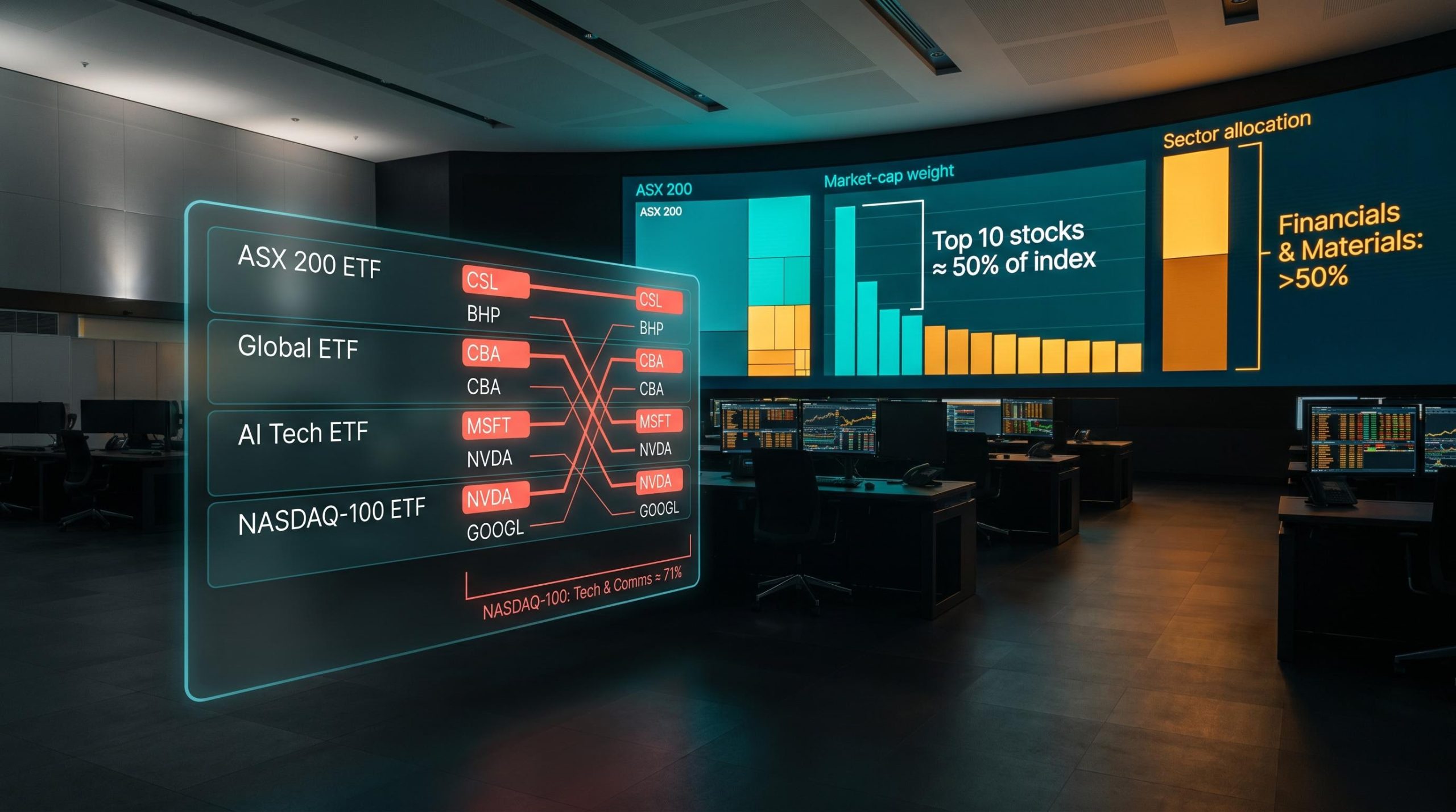 ASX 200 ETF concentration chart showing top 10 stocks at 50% of index with four-fund overlap panel highlighting ETF risks