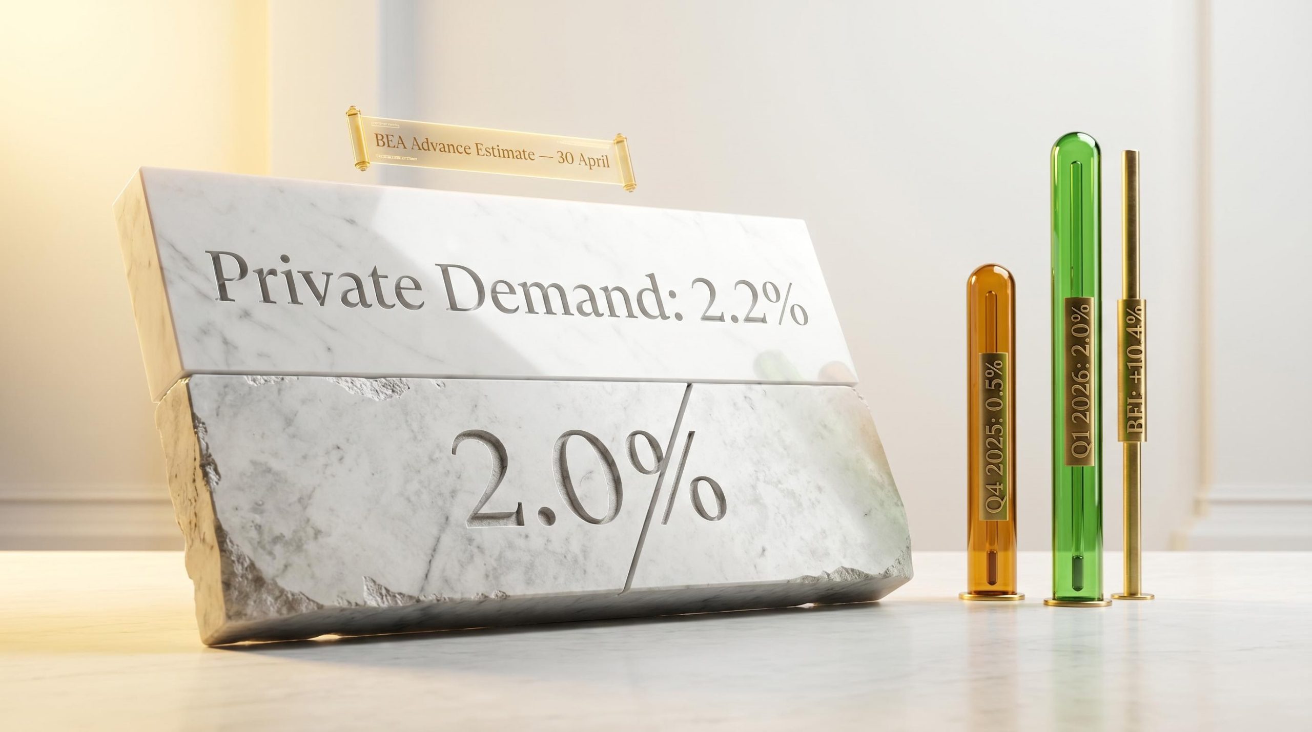 Marble ledger showing US GDP growth at 2.0% vs private demand 2.2%, with BFI surging 10.4% in Q1 2026