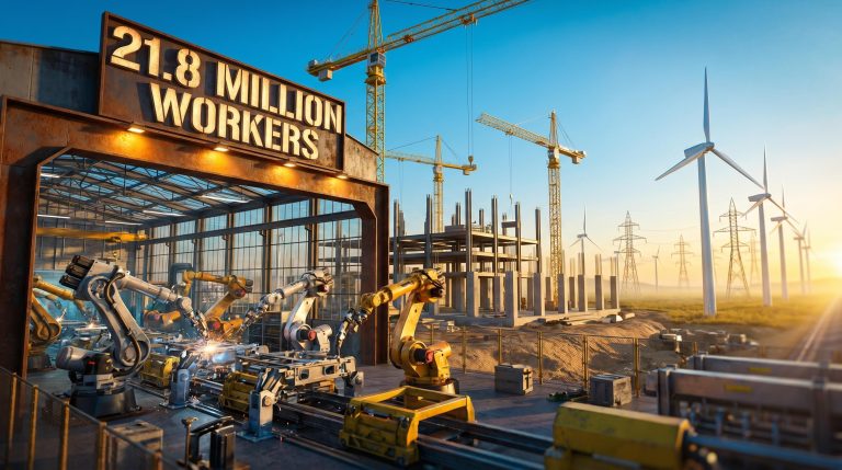 Surreal diorama of U.S. industrial sector showing manufacturing, construction, and utilities as one unified landscape