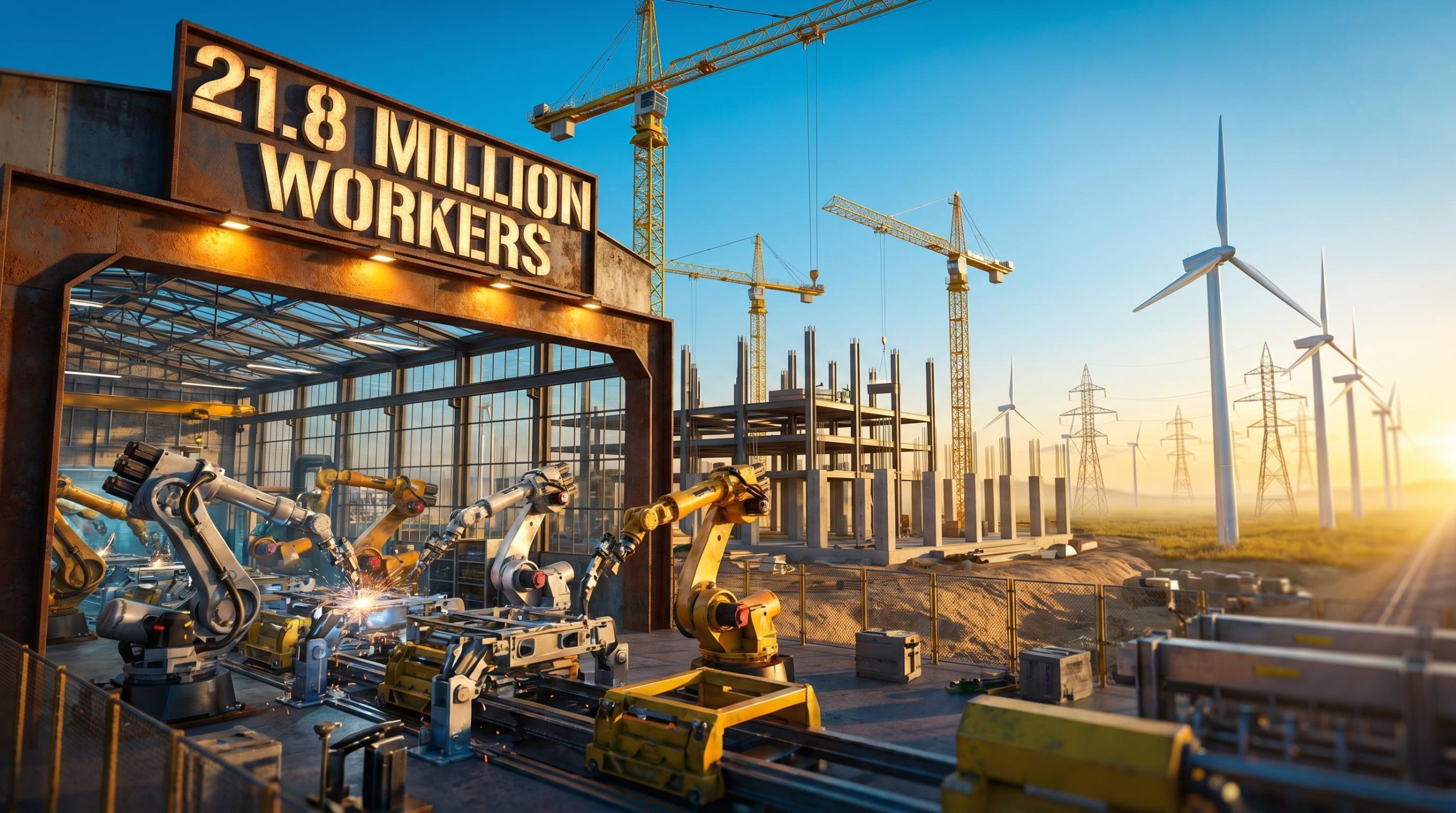 Surreal diorama of U.S. industrial sector showing manufacturing, construction, and utilities as one unified landscape