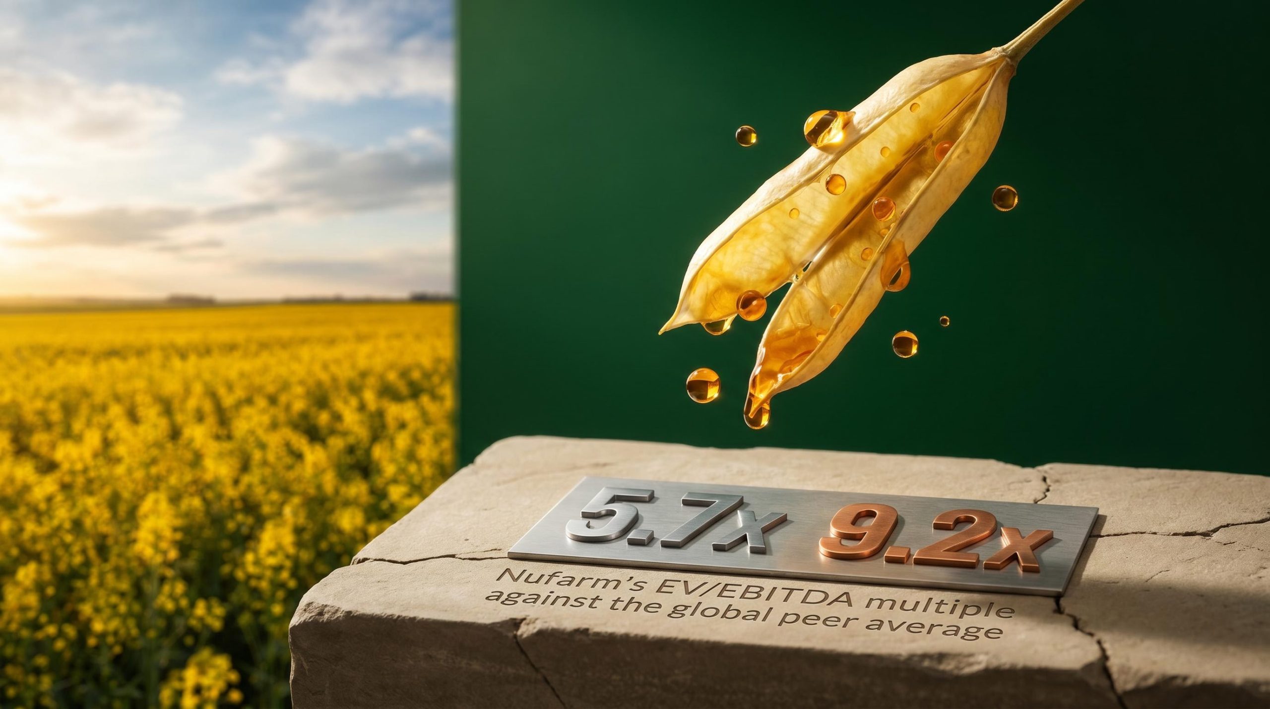 Split canola seed pod with Nufarm's 5.7x vs 9.2x peer EV/EBITDA multiples etched on stone, South American field behind