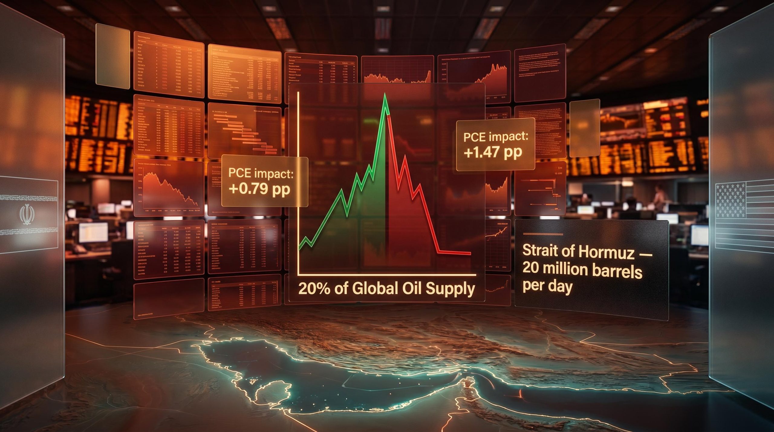 Hormuz crude oil price chart with PCE inflation data panels showing geopolitical inflation risk transmission