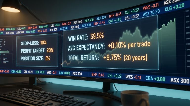 ASX 300 trading terminal showing 39.5% win rate and 10% stop-loss rules from a 20-year random-entry backtest on stock market risk management