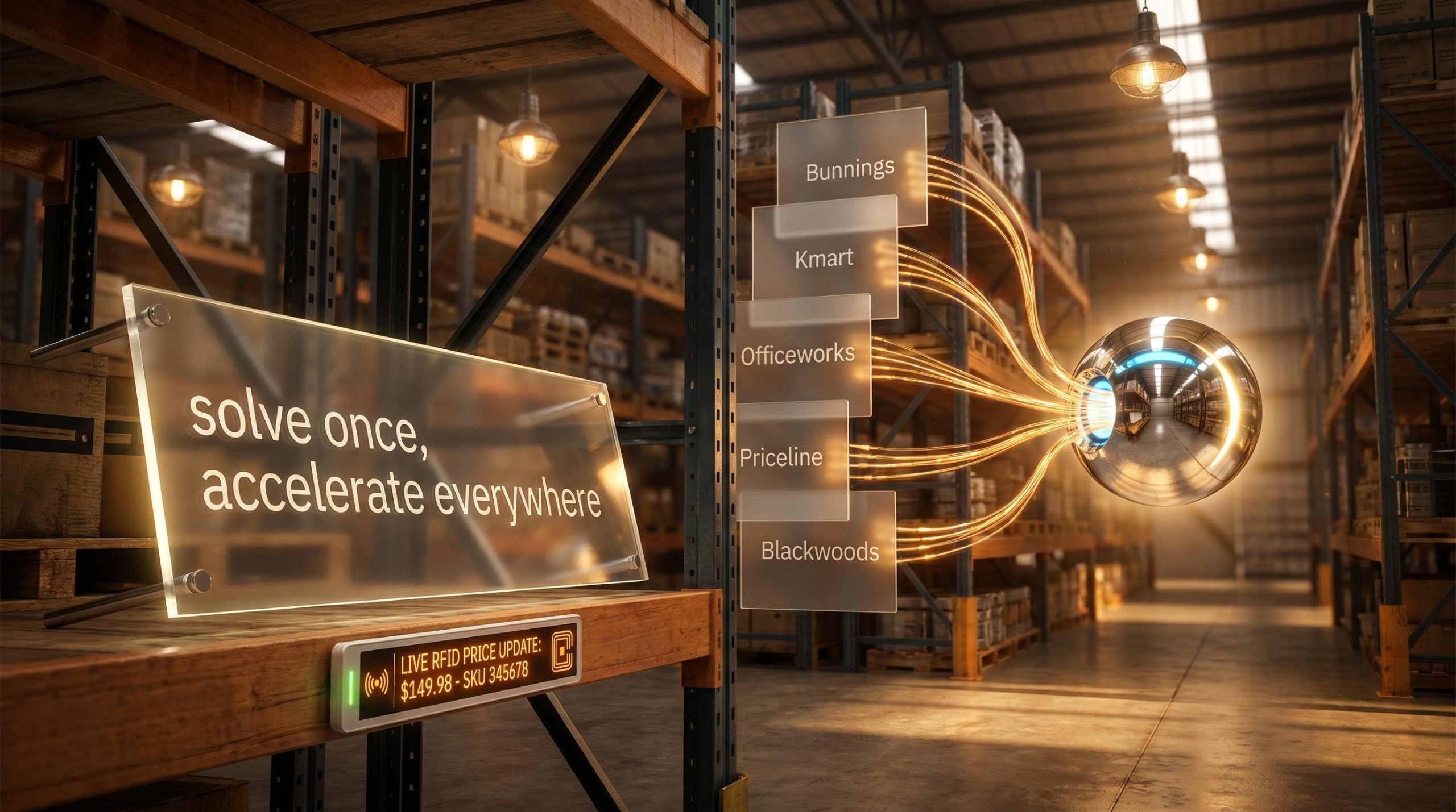 Wesfarmers AI strategy visualised as cross-divisional platform connecting Bunnings, Kmart and Officeworks in warehouse setting