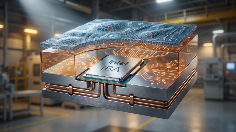 Intel 18A chip embedded in layered industrial-biotech cross-section, visualising Intel's vertical silicon integration strategy