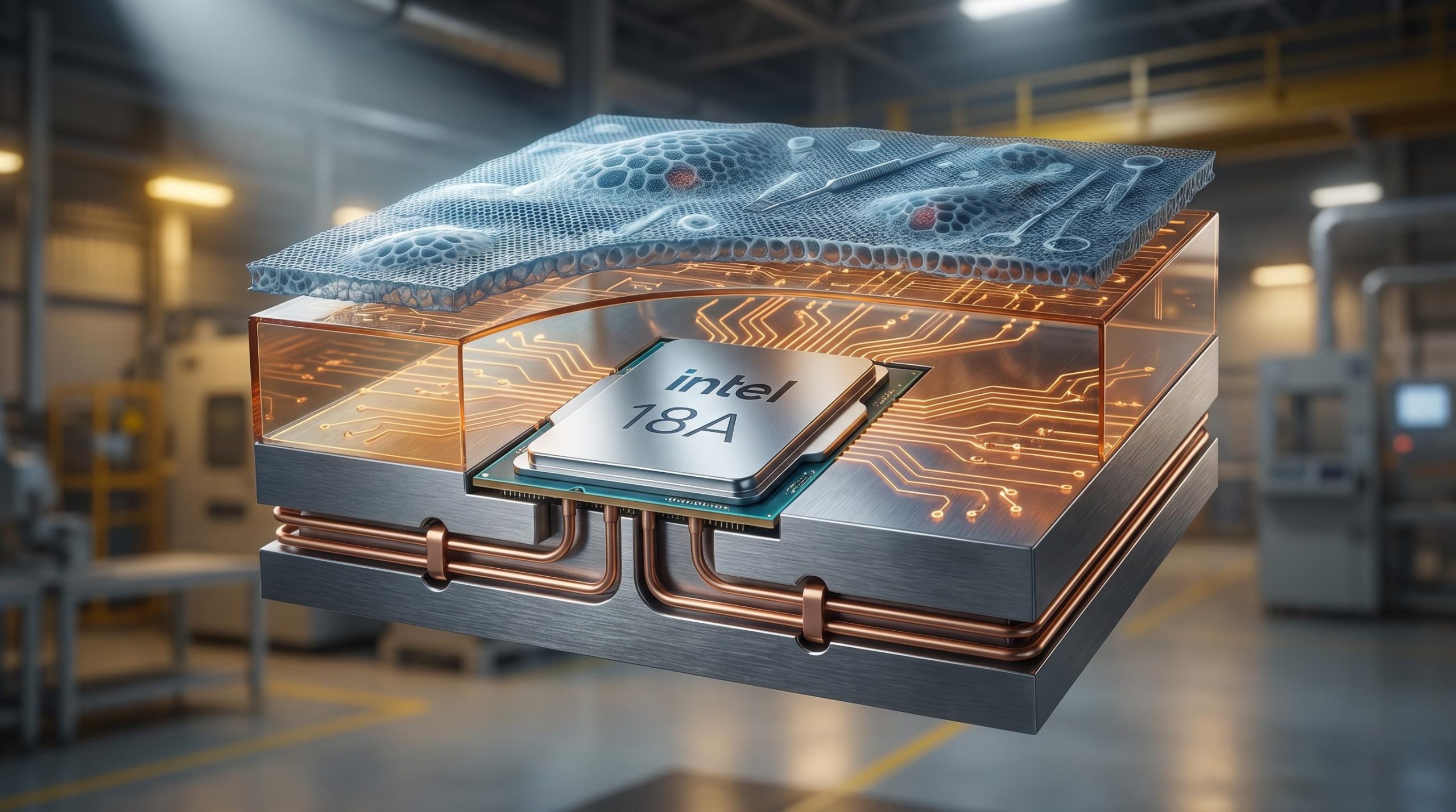 Intel 18A chip embedded in layered industrial-biotech cross-section, visualising Intel's vertical silicon integration strategy