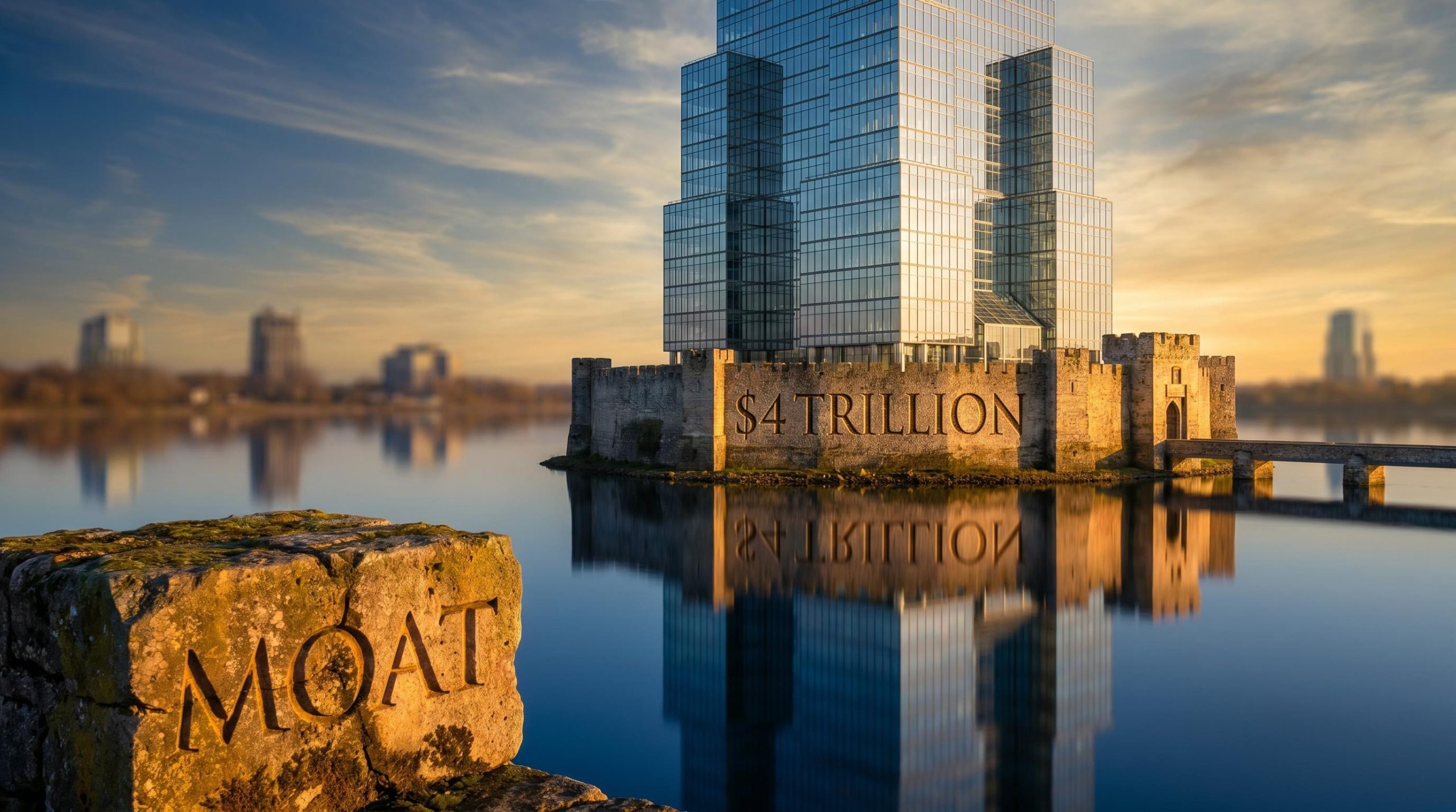 A gleaming corporate fortress ringed by a deep sapphire moat, illustrating economic moat investing principles