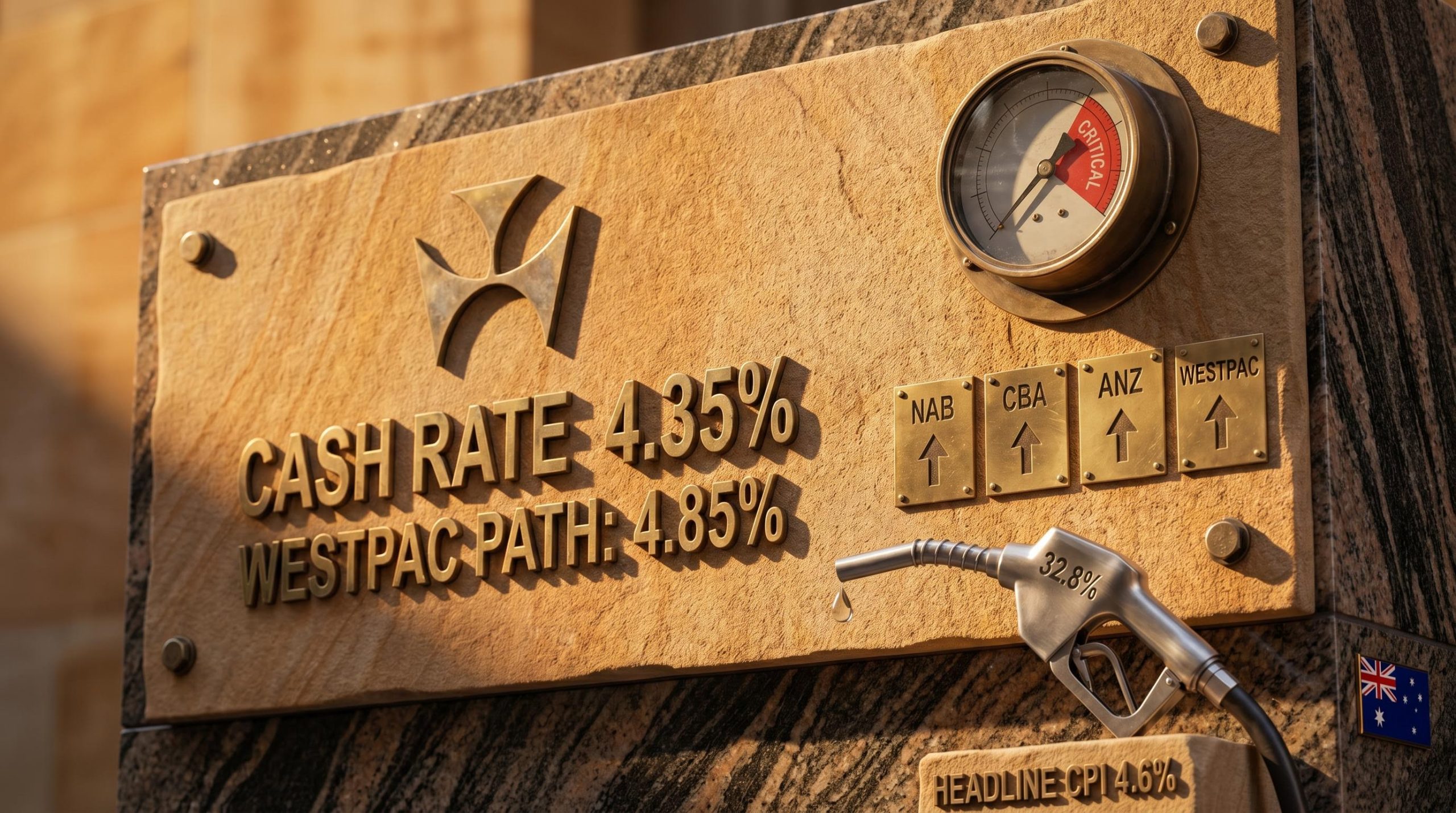 RBA cash rate forecast: granite plaque showing 4.35% rate hike with Westpac's 4.85% path and 32.8% fuel surge engraved
