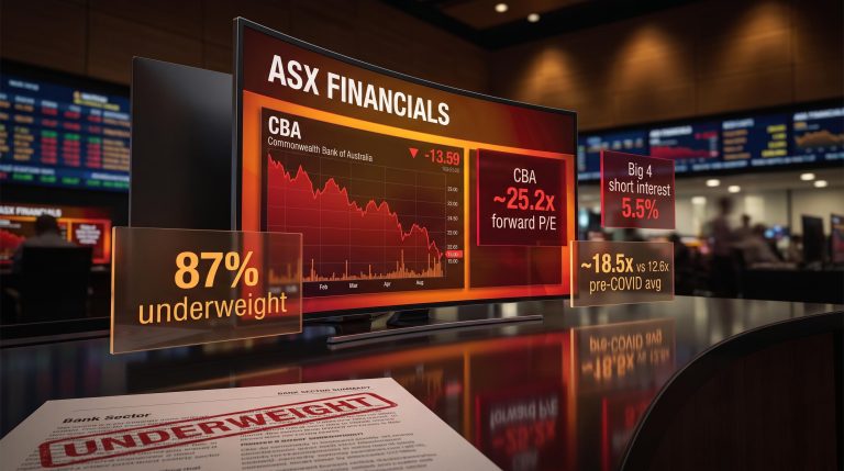 ASX bank trading terminal showing CBA 25.2x P/E and 87% fund manager underweight amid record short interest