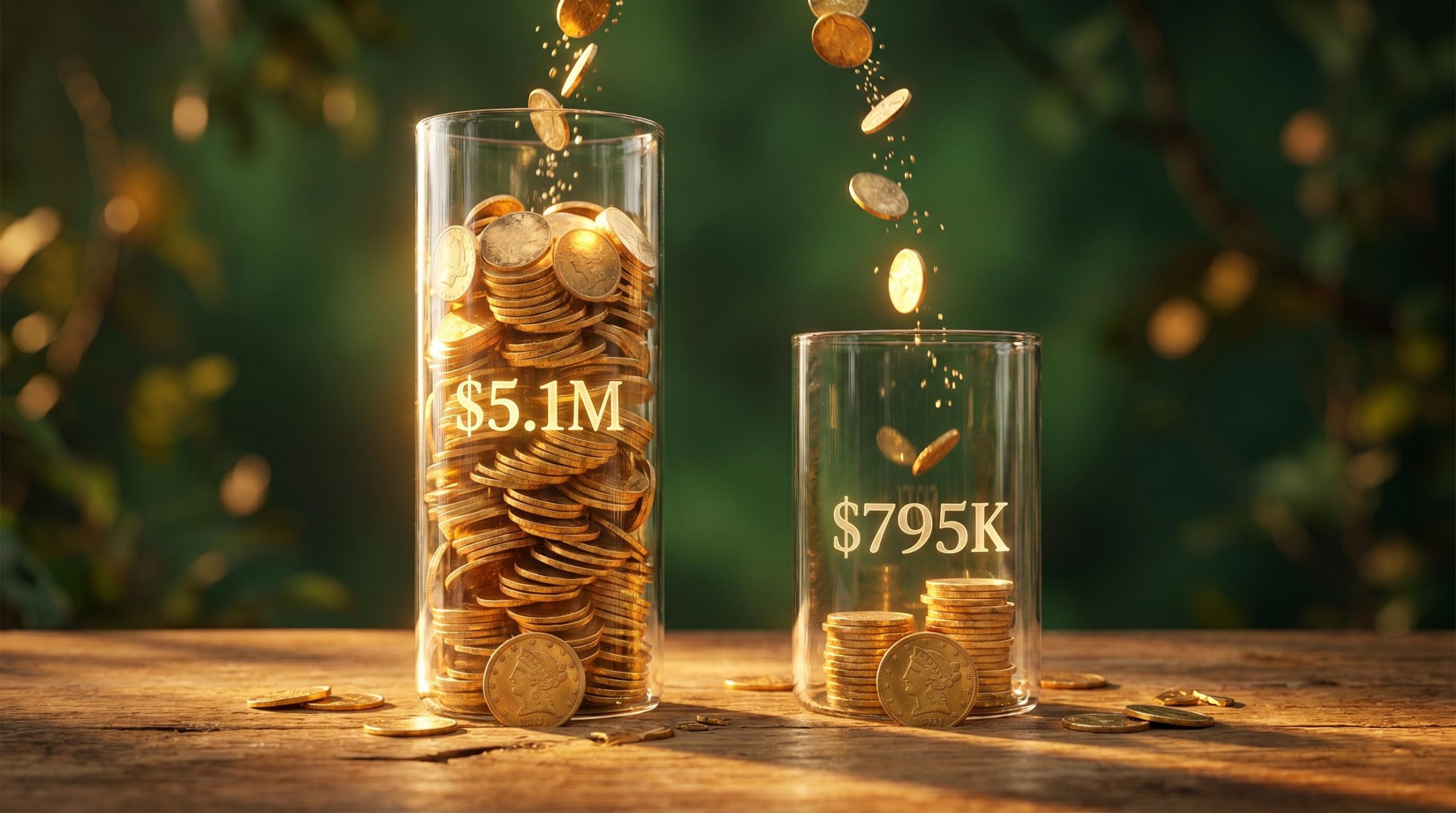 Two glass cylinders show dividend reinvestment compounding gap: $5.1M vs $795K from same starting coin