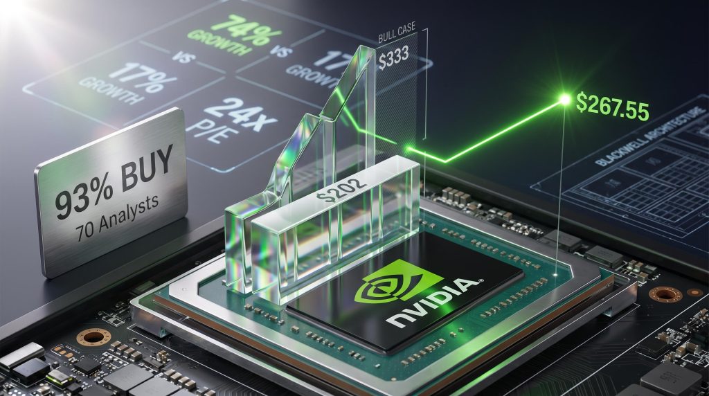 Nvidia GPU chip with glass price chart showing $202 current price rising to $267.55 analyst target and $333 bull case