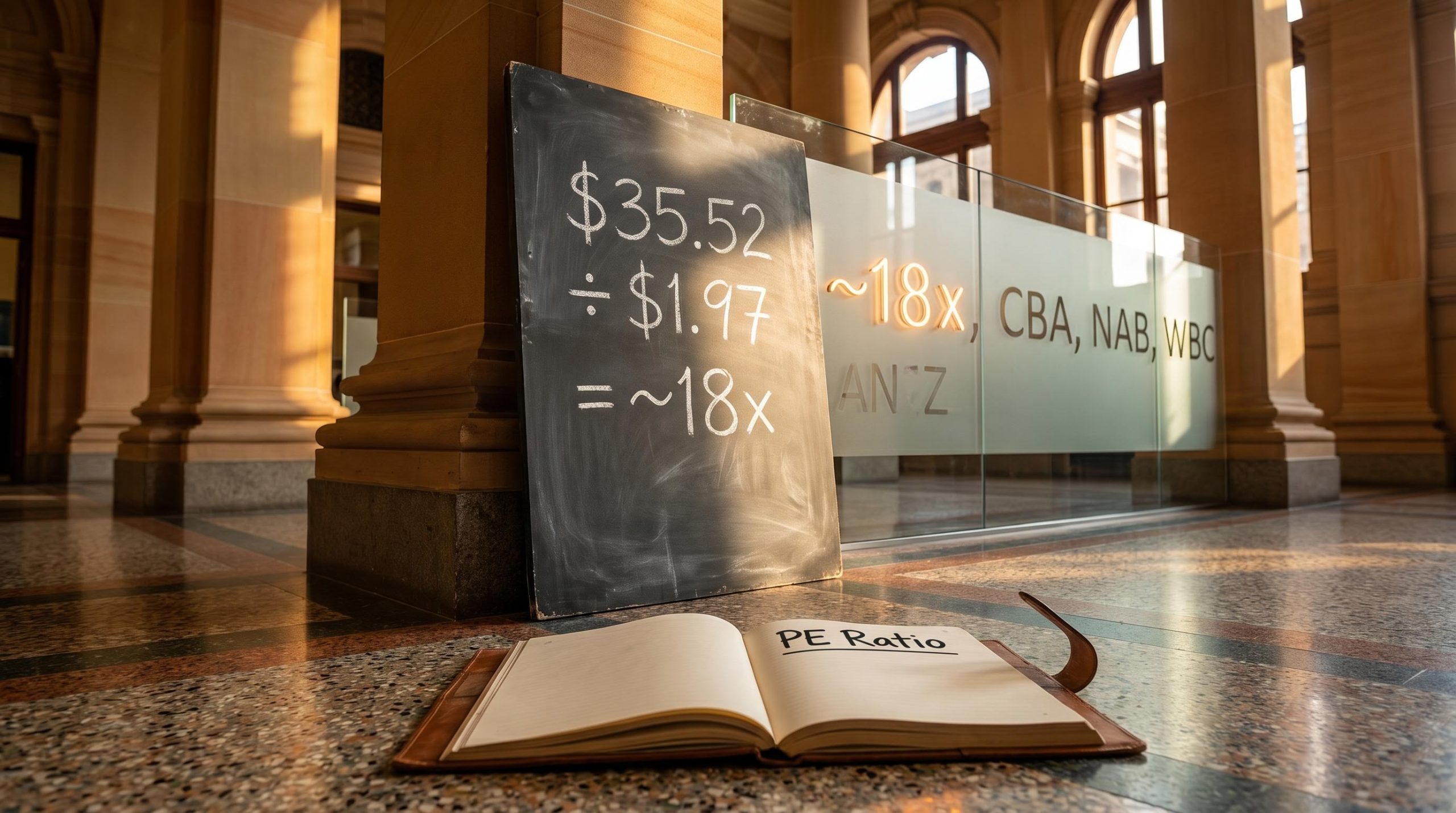 ANZ share price valuation PE ratio calculation $35.52 ÷ $1.97 = ~18x displayed on chalk slate in bank atrium